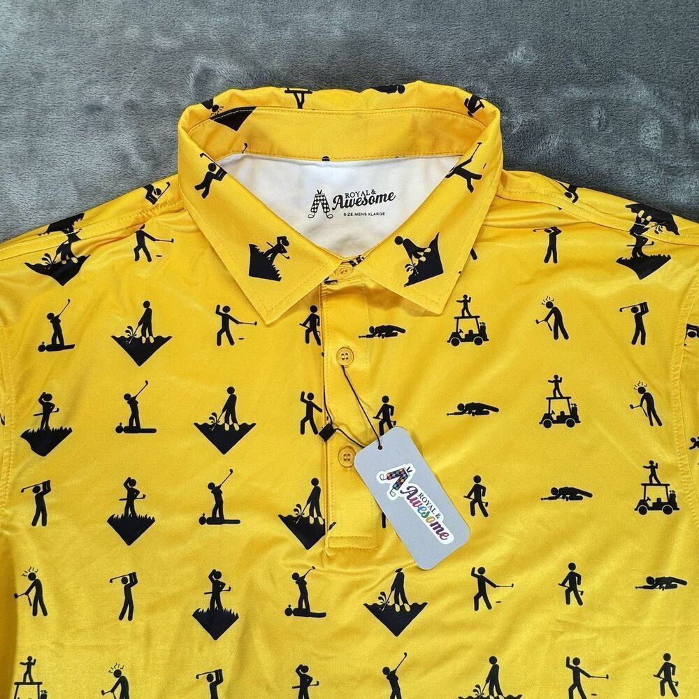 Royal and Awesome Sz XL Men`s Yellow Golf Shirt Stick Golfer Golf Polo Top NWT